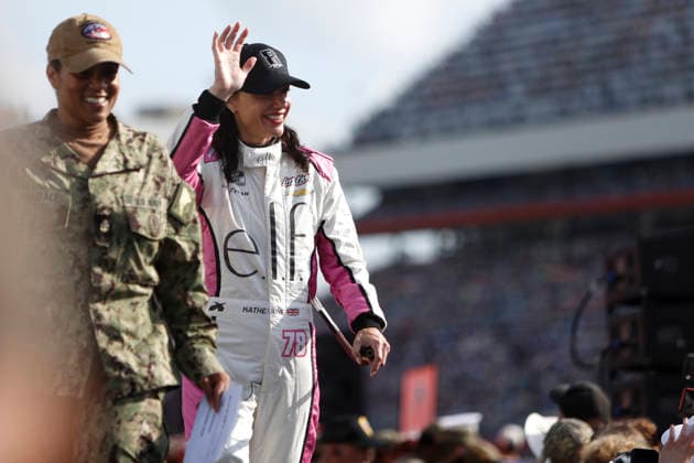 CHARLOTTE, NC - MAY 24: Katherine Legge ( 78 Live Fast Motorsports e.l.f. Cosmetics Chevrolet) waves to the fans prior to the running of the NASCAR, Motorsport, USA Cup Series Coca-Cola 600 on May 24, 2026 at Charlotte Motor Speedway in Charlotte, NC. (Photo by Jeff Robinson Icon Sportswire) AUTO: MAY 24 NASCAR Cup Series Coca-Cola 600 EDITORIAL USE ONLY Icon2605247778600