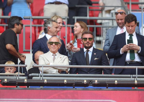 Salford City consortium Members David Beckham and Lord Mervyn Davies Notts County v Salford City, EFL Sky Bet League Two, Play-Off Final, Football, Wembley Stadium, London, UK - 25 May 2026London Wembley Stadium United Kingdom EDITORIAL USE ONLY No use with unauthorised audio, video, data, fixture lists, club league logos or live services. Online in-match use limited to 120 images, no video emulation. No use in betting, games or single club league player publications.  Copyright: xAndrewxFosker Shutterstockx 16889937m
