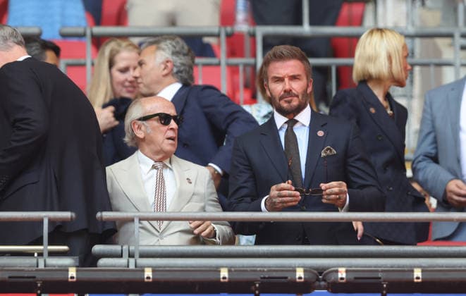 Salford City consortium Members David Beckham and Lord Mervyn Davies Notts County v Salford City, EFL Sky Bet League Two, Play-Off Final, Football, Wembley Stadium, London, UK - 25 May 2026London Wembley Stadium United Kingdom EDITORIAL USE ONLY No use with unauthorised audio, video, data, fixture lists, club league logos or live services. Online in-match use limited to 120 images, no video emulation. No use in betting, games or single club league player publications. Copyright: xAndrewxFosker Shutterstockx 16889937s