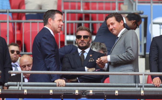 Salford City consortium Members David Beckham and Declan Kelly Notts County v Salford City, EFL Sky Bet League Two, Play-Off Final, Football, Wembley Stadium, London, UK - 25 May 2026London Wembley Stadium United Kingdom EDITORIAL USE ONLY No use with unauthorised audio, video, data, fixture lists, club league logos or live services. Online in-match use limited to 120 images, no video emulation. No use in betting, games or single club league player publications.  Copyright: xAndrewxFosker Shutterstockx 16889937n