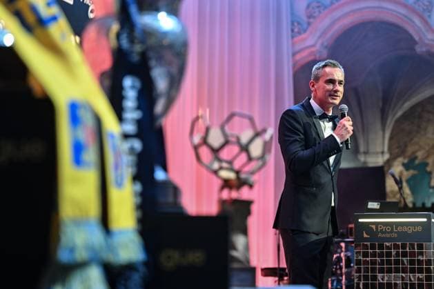 Loryn Parijs delivers a speech at the Pro League Awards 2026, for the best players in the 1st and 2nd divisions of the 2025-2026 Belgian soccer championships, on Monday 25 May 2026, in Antwerp. EMILExWINDAL  x175050409x