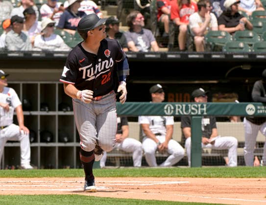 Minnesota Twins Brooks Lee (22) hit a home run against the Chicago White Sox during the first inning at Rate Field in Chicago, IL on Monday, May 25, 2026.  CHI20260525105 MARKxBLACK