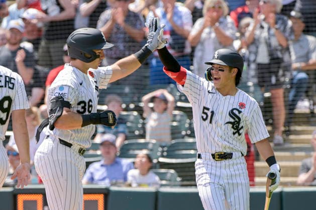 Chicago White Sox Drew Romo (36) celebrates is home run against the Minnesota Twins with Rikuu Nishida (51) during the second inning at Rate Field in Chicago, IL on Monday, May 25, 2026.  CHI20260525120 MARKxBLACK