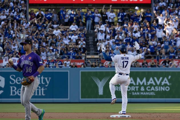 May 25, 2026, Los Angeles, California, United States: Shohei Ohtani 17 of the Los Angeles Dodgers reacts after a double during the first inning against the Colorado Rockies at Dodger Stadium on May 25, 2026 in Los Angeles, California. . Los Angeles United States - ZUMAa60_ 20260525_zaf_a60_005 Copyright: xArmandoxArorizox