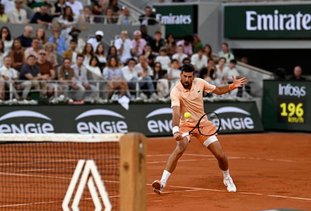 Tennis: French Open Novak Djokovic of Serbia plays in the men s singles first round at the French Open tennis tournament in Paris on May 24, 2026.  A14AA0005614922P