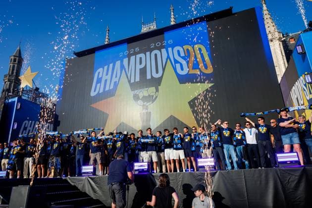 Club s players pictured during celebrations of Club Brugge after winning the 2025-2026 Jupiler Pro League first division of the Belgian championship, in Brugge, on Monday 25 May 2026. KURTxDESPLENTER  x175088483x