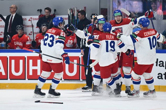 Czech players celebrate a goal during the IIHF World Championship, WM, Weltmeisterschaft Group B match Czech Republic vs Canada on May 26, 2026, Fribourg, Switzerland. (CTKxPhoto RadekxPetrasek) CTKPhotoP2026052608633  CTKPhotoP2026052608633