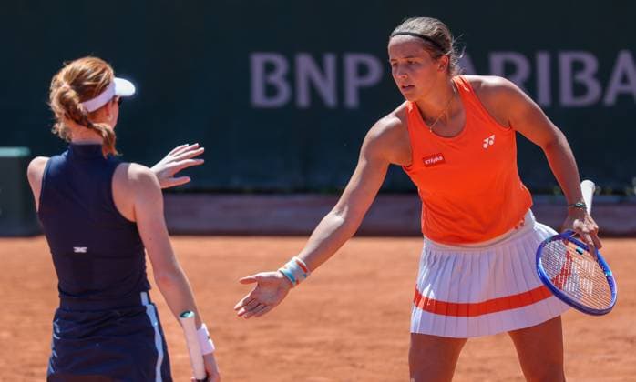 Australian Maya Joint and Belgian Hanne Vandewinkel celebrate during a first round match in the women s doubles between Belgian Australian pair Vandewinkel Joint and French pair Jeanjean Ponchet at the Roland Garros French Open tennis tournament, in Paris, France, Wednesday 27 May 2026. This year s tournament takes place from 18 May to 07 June. VIRGINIExLEFOUR  x175156603x