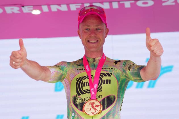 Denmark™s Michael Valgren of EF Education - Easypost stage winner celebrate on the podium after the Stage 17 of the Giro d™Italia, from Cassano d™Adda to Andalo, Italy, Wednesday, May 27, 2026.  Copyright: xSimonexSpada LaPressex