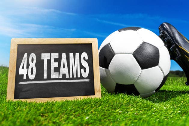 Germany - May 22, 2026: PHOTO MONTAGE: A soccer ball next to the words 48 Teams symbolizes the new scale of the 2026 World Cup, which, with more teams and significantly more matches, will be the largest World Cup in history.