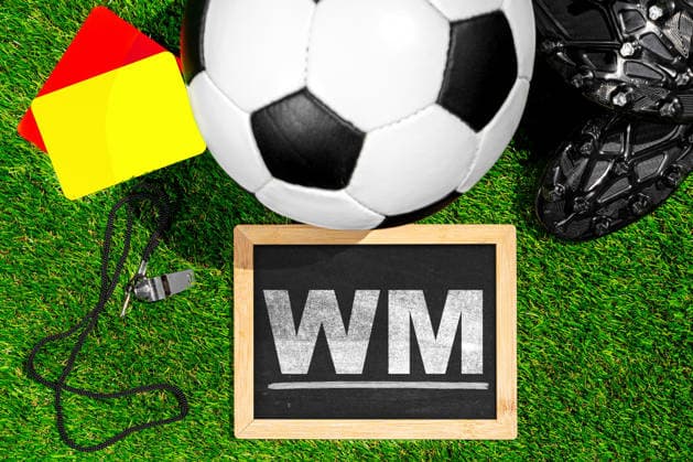 Germany - May 27, 2026: PHOTO MONTAGE, stock photo of the 2026 World Cup - World Cup - Soccer on a grass field next to a chalkboard with the words World Cup.