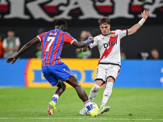 Ismaila Sarr (Crystal Palace) and Pep Chavarria (Rayo Vallecano) battle for the ball during the UEFA Conference League Final 2026 match between Crystal Palace FC and Rayo Vallecano de Madrid at Football Arena Leipzig on May 27, 2026 in Leipzig, Germany. (Photo by Harry Langer DeFodi Images) -