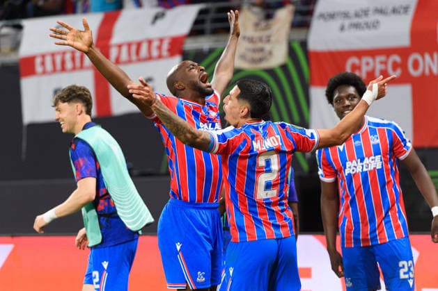 LEIPZIG, GERMANY - MAY 27: Jean-Philippe Mateta (14 Crystal Palace) and Daniel Munoz (2 Crystal Palace) celebrating the opening goal during the UEFA Conference League Final 2025 26 match between Crystal Palace and Rayo Vallecano at Leipzig Stadium in Leipzig, Germany (Photo by Sven Beyrich Sports Press Photo) Copyright: xSvenxBeyrich SportsxPressxPhotox Sportspressphoto_SPR155653