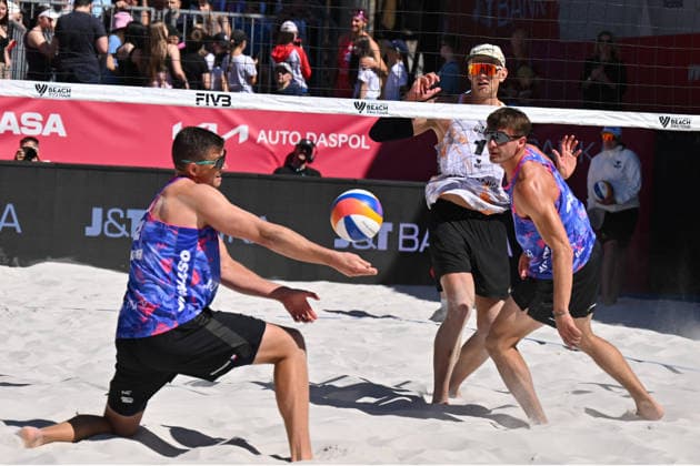 Tadeas Trousil (right), David Schweiner (left) of Czech Republic and James Shaw (centre), Miles Partain of USA in action during the match at the Pro Tour, Beach volleyball, Beachvolleyball tournament of Elite category, Ostrava, Czech Republic, May 28, 2026. (CTKxPhoto JaroslavxOzana) CTKPhotoP2026052803320  CTKPhotoP2026052803320