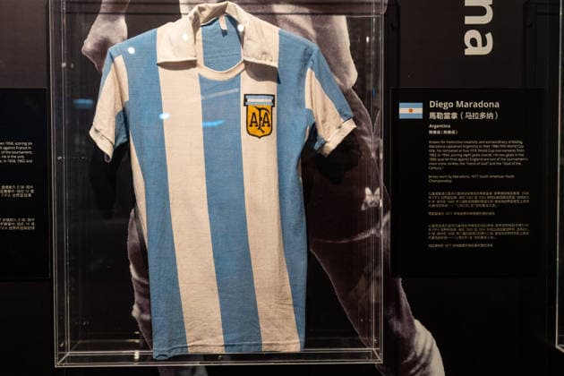 HONGKONG-SOCCER FIFA-MUSEUM Argentine soccer player Diego Maradona™s Jersey at the FIFA Museum Hong Kong during a press event in Hong Kong, May 28, 2026. NEXPHER Vernon Yuen HONG KONG