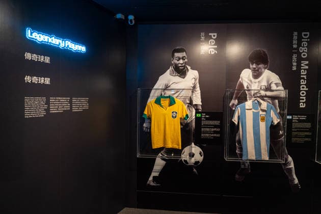 HONGKONG-SOCCER FIFA-MUSEUM Brazilian soccer player Pele™s jersey and Argentine soccer player Diego Maradona™s Jersey the FIFA Museum Hong Kong during a press event in Hong Kong, May 28, 2026. NEXPHER Vernon Yuen HONG KONG