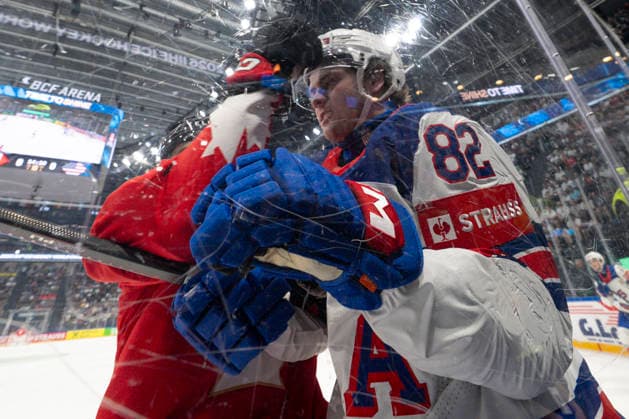 FRIBOURG, SWITZERLAND - MAY 28: Danny Nelson of United States during the 2026 IIHF Ice hockey, Eishockey World Championship, WM, Weltmeisterschaft Switzerland game between Canada and USA at BCF Arena on May 28, 2026 in Fribourg, Fribourg. Fribourg BCF Arena Fribourg Switzerland Copyright: xJustPictures.ch JarixPestelaccix jp-en-EuSpIm-JP6_JAR_Canada_USA_28May2026_00033