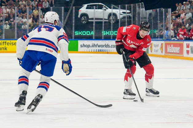 FRIBOURG, SWITZERLAND - MAY 28: Macklin Celebrini of Canada R) in action during the 2026 IIHF Ice hockey, Eishockey World Championship, WM, Weltmeisterschaft Switzerland game between Canada and USA at BCF Arena on May 28, 2026 in Fribourg, Fribourg. Fribourg BCF Arena Fribourg Switzerland Copyright: xJustPictures.ch JarixPestelaccix jp-en-EuSpIm-JP6_JAR_Canada_USA_28May2026_00051