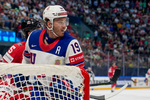 FRIBOURG, SWITZERLAND - MAY 28: Matthew Tkachuk of United States during the 2026 IIHF Ice hockey, Eishockey World Championship, WM, Weltmeisterschaft Switzerland game between Canada and USA at BCF Arena on May 28, 2026 in Fribourg, Fribourg. Fribourg BCF Arena Fribourg Switzerland Copyright: xJustPictures.ch JarixPestelaccix jp-en-EuSpIm-JP6_JAR_Canada_USA_28May2026_00131