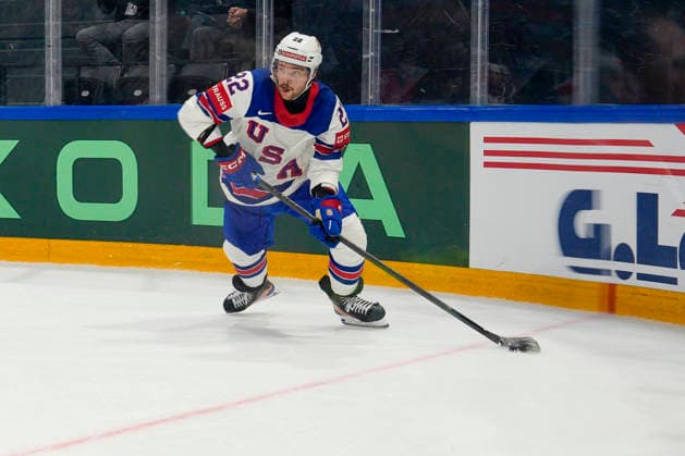 FRIBOURG, SWITZERLAND - MAY 28: Isaac Howard of United States in action during the 2026 IIHF Ice hockey, Eishockey World Championship, WM, Weltmeisterschaft Switzerland game between Canada and USA at BCF Arena on May 28, 2026 in Fribourg, Fribourg. Fribourg BCF Arena Fribourg Switzerland Copyright: xJustPictures.ch JarixPestelaccix jp-en-EuSpIm-JP6_JAR_Canada_USA_28May2026_00158