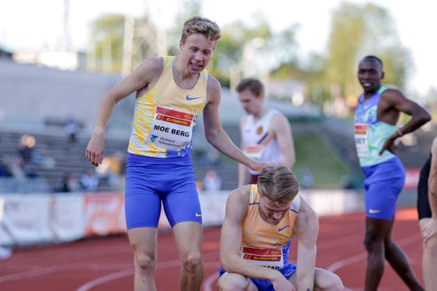 Trond Mohn Games 2026 Bergen 20260528 Hakon Moe Berg left and Tobias Gronstad after the 800 meter race during the Trond Mohn Games athletics event at Fana Stadium in Bergen Photo Paul S Amundsen NTB Bergen Norway EDITORIAL USE ONLY RESTRICTED USE FOR BETTING COMPANIES  Copyright: xPaulxS.xAmundsenx xNTBx