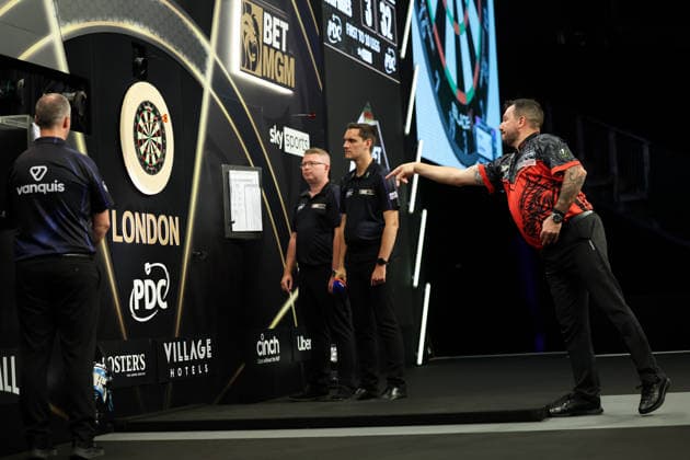 RECORD DATE NOT STATED 28th May 2026, The 02 Arena, London, England; 2026 PDC Bet MGM Premier League Darts Final; Jonny Clayton in action on the oche during his match against Luke Humphries HenningxvonxJagow