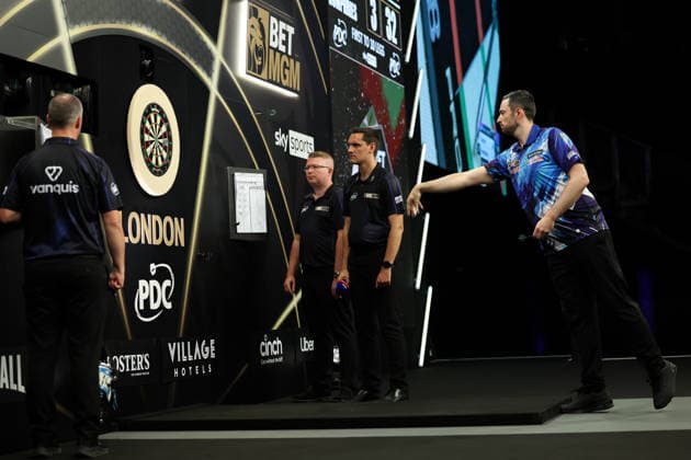 RECORD DATE NOT STATED 28th May 2026, The 02 Arena, London, England; 2026 PDC Bet MGM Premier League Darts Final; Luke Humphries in action on the oche during his match against Jonny Clayton HenningxvonxJagow
