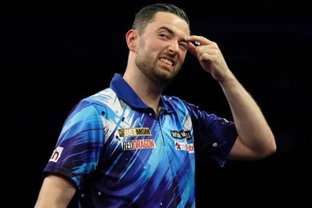28th May 2026, The 02 Arena, London, England; 2026 PDC Bet MGM Premier League Darts Final; Luke Humphries reacts on the oche during his match against Jonny Clayton HenningxvonxJagow