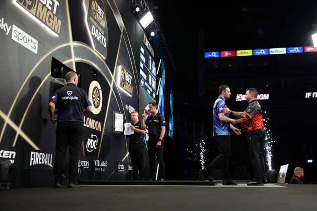 28th May 2026, The 02 Arena, London, England; 2026 PDC Bet MGM Premier League Darts Final; game winner Luke Humphries and Jonny Clayton shake hands after the match HenningxvonxJagow