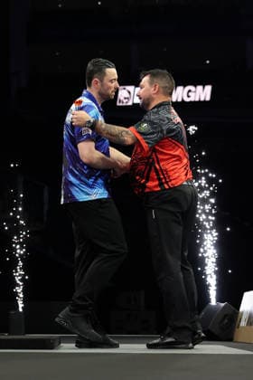 28th May 2026, The 02 Arena, London, England; 2026 PDC Bet MGM Premier League Darts Final; Winner Luke Humphries and Jonny Clayton shake hands after the match HenningxvonxJagow