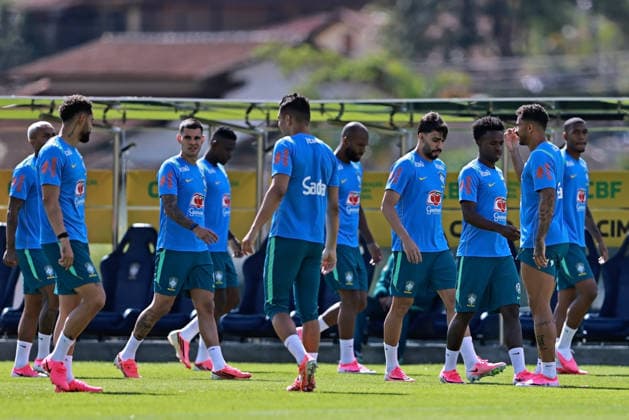 28th May 2026; Teresopolis, Brazil: Lucas Paqueta, Vinicius Jr and Danilo of Brazil during a training session at the Granja Comary training center in Teresopolis, Rio de Janeiro, Brazil, on May 28, 2026, ahead of the FIFA World Cup, WM, Weltmeisterschaft, Fussball 2026 HeulerxAndrey