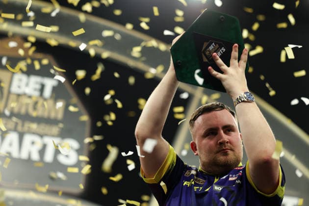 RECORD DATE NOT STATED 28th May 2026, The 02 Arena, London, England; 2026 PDC Bet MGM Premier League Darts Final; Luke Littler lifts the trophy after winning the final against Luke Humphries HenningxvonxJagow