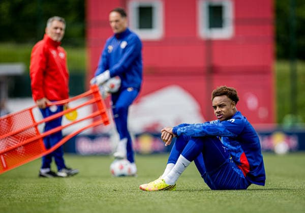Leipzigs Assan Ouedraogo beim Training. Oeffentliches Training RB Leipzig am 14. Mai 2026. Red Bull Akademie, Leipzig. Training RB Leipzig