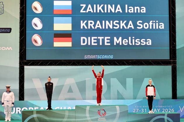 BULGARIA, VARNA - MAY 29, 2026: Silver medalist Sofia Krainska of Ukraine, gold medalist Yana Zaikina of Russia, and bronze medalist Melissa Diete (L-R) of Germany pose during a victory ceremony at the 2026 European Rhythmic gymnastics, Rhythmische Sportgymnastik, RSG Championships. Russia s national team, Nationalteam is performing under the Russian flag and anthem Victory Ceremony At 2026 European Rhythmic Gymnastics Championships In Varna, Bulgaria  - ZUMAt113 20260529_zaa_t113_019 Copyright: xIgorxLenkinx