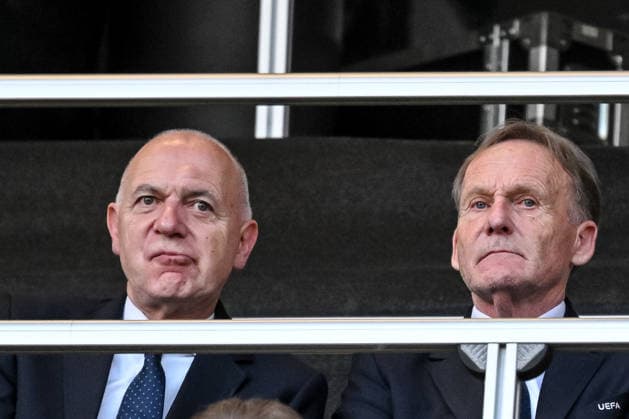 DFB Präsident Bernd Neuendorf and Hans-Joachim Watzke Looks on during the UEFA Conference League Final 2026 match between Crystal Palace FC and Rayo Vallecano de Madrid at Football Arena Leipzig on May 27, 2026 in Leipzig, Germany. (Photo by Harry Langer DeFodi Images) -
