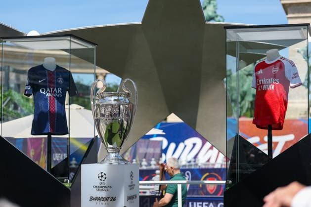 30.05.2026 - SOCCER - 2025-2026 UEFA Champions League final , Paris vs Arsenal The UEFA Champions League trophy displayed inside the fan zone Budapest Puskas Arena ,Budapest Puskas Arena Hungary