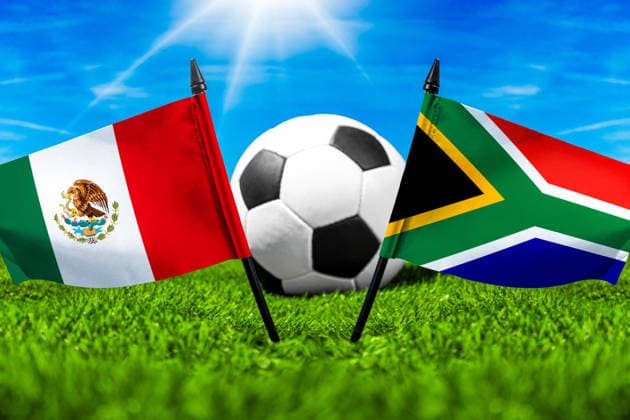 May 22, 2026: PHOTO MONTAGE, 2026 FIFA World Cup, WM, Weltmeisterschaft, Fussball National flags of Mexico and South Africa with a soccer ball on a field. Stock image for the group stage match on June 11 at the 2026 FIFA World Cup