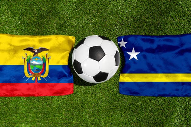 May 22, 2026: PHOTO MONTAGE, 2026 FIFA World Cup, WM, Weltmeisterschaft, Fussball National flags of Ecuador and Curacao with a soccer ball on a field. Stock image for the group stage match on June 21 at the 2026 FIFA World Cup