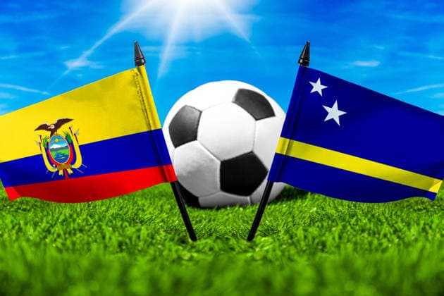 May 22, 2026: PHOTO MONTAGE, 2026 FIFA World Cup, WM, Weltmeisterschaft, Fussball National flags of Ecuador and Curacao with a soccer ball on a field. Stock image for the group stage match on June 21 at the 2026 FIFA World Cup