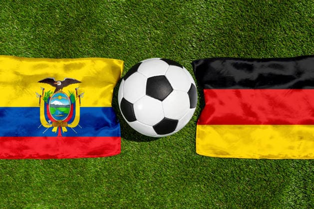 May 22, 2026: PHOTO MONTAGE, 2026 FIFA World Cup, WM, Weltmeisterschaft, Fussball National flags of Ecuador and Germany with a soccer ball on the field. Illustrative image for the group stage match on June 25 at the 2026 FIFA World Cup