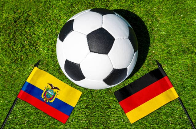 May 22, 2026: PHOTO MONTAGE, 2026 FIFA World Cup, WM, Weltmeisterschaft, Fussball National flags of Ecuador and Germany with a soccer ball on the field. Illustrative image for the group stage match on June 25 at the 2026 FIFA World Cup