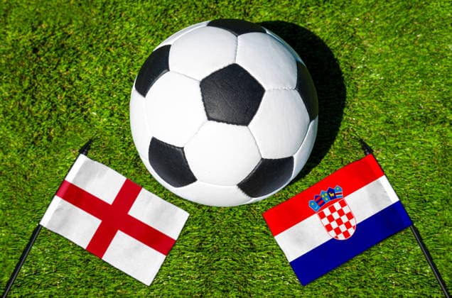 May 22, 2026: PHOTO MONTAGE, 2026 FIFA World Cup, WM, Weltmeisterschaft, Fussball National flags of England and Croatia with a soccer ball on the field. Illustrative image for the group stage match on June 17 at the 2026 FIFA World Cup