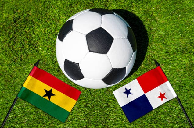 May 22, 2026: PHOTO MONTAGE, 2026 FIFA World Cup, WM, Weltmeisterschaft, Fussball National flags of Ghana and Panama with a soccer ball on a grass field. Illustrative image for the group stage match on June 18 at the 2026 FIFA World Cup