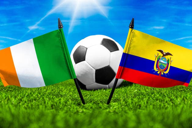 May 22, 2026: PHOTO MONTAGE, 2026 FIFA World Cup, WM, Weltmeisterschaft, Fussball National flags of Ivory Coast and Ecuador with a soccer ball on the field. Stock image for the group stage match on June 15 at the 2026 FIFA World Cup