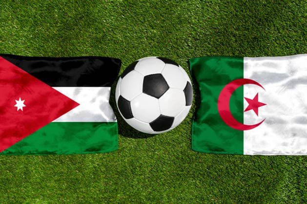 May 22, 2026: PHOTO MONTAGE, 2026 FIFA World Cup, WM, Weltmeisterschaft, Fussball National flags of Jordan and Algeria with a soccer ball on the field. Stock image for the group stage match on June 23 at the 2026 FIFA World Cup