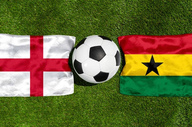 May 22, 2026: PHOTO MONTAGE, 2026 FIFA World Cup, WM, Weltmeisterschaft, Fussball National flags of England and Ghana with a soccer ball on the field. Stock image for the group stage match on June 23 at the 2026 FIFA World Cup