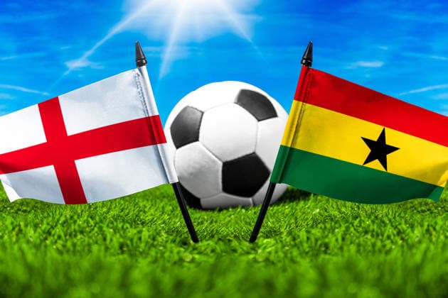 May 22, 2026: PHOTO MONTAGE, 2026 FIFA World Cup, WM, Weltmeisterschaft, Fussball National flags of England and Ghana with a soccer ball on the field. Stock image for the group stage match on June 23 at the 2026 FIFA World Cup