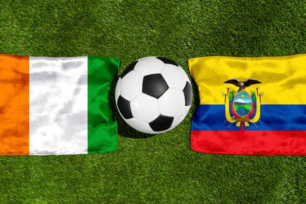 May 22, 2026: PHOTO MONTAGE, 2026 FIFA World Cup, WM, Weltmeisterschaft, Fussball National flags of Ivory Coast and Ecuador with a soccer ball on the field. Stock image for the group stage match on June 15 at the 2026 FIFA World Cup