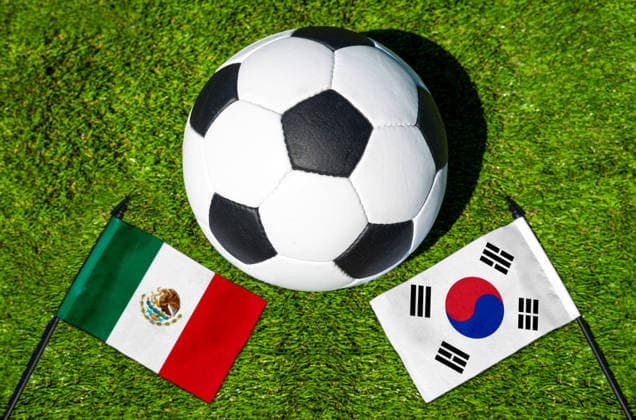 May 22, 2026: PHOTO MONTAGE, 2026 FIFA World Cup, WM, Weltmeisterschaft, Fussball National flags of Mexico and South Korea with a soccer ball on a field. Illustrative image for the group stage match on June 19 at the 2026 FIFA World Cup