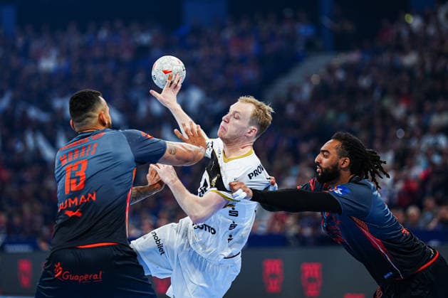 Rogerio Moraes Ferreira (Montpellier Handball, 13), Eric Johansson (THW Kiel, 21), Bryan Hugo Monte dos Santos (Montpellier Handball, 26) GER, Montpellier Handball vs. THW Kiel, Handball, EHF European League, Halbfinale, Saison 2025 2026, 30.05.2026 GER, Montpellier Handball vs. THW Kiel, Handball, EHF European League, Halbfinale, Saison 2025 2026, 30.05.2026 Hamburg Copyright: xEibner-Pressefoto MarcelxvonxFehrnx EP_MFN